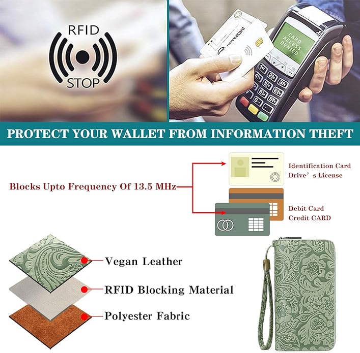 GOIACII Women's Wallet Wristlet Ladies Phone Purse RFID Blocking Large Card Holder Double Zip Grip Strap Vegan Leather