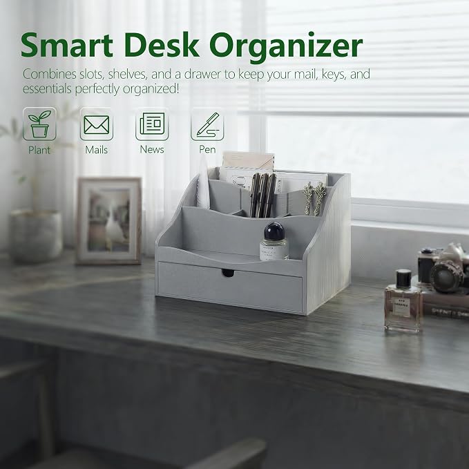 Pine Wood Mail Organizer for Desk - Rustic Farmhouse Mail Sorter Countertop Organizer for Letter Paper, Files & Everyday Essentials - Wooden Folder Organizer with Drawer for Home & Office Decor (Gray)