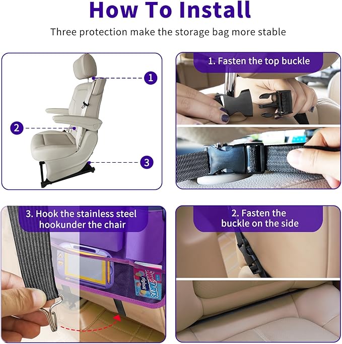 Car Seat Back Organizer Table Tray, Car Seat Storage Organizer for Kids with Foldable Tablet Holder, 6 Storage Pockets Kick Mats 600D Oxford, 2 Pack Purple