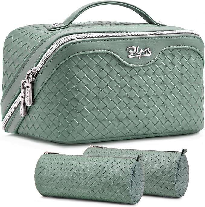 BOYATU Travel Makeup Bag Cosmetic Bags for Women: Large Capacity 3 Pcs Set Make up Bag with Compartments - Waterproof Vegan Leather Toiletry Organizer Bags with Handle (L10 Grass Green)