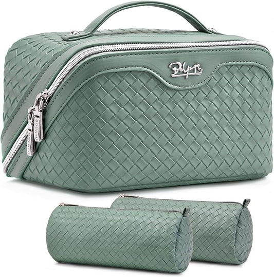 BOYATU Travel Makeup Bag Cosmetic Bags for Women: Large Capacity 3 Pcs Set Make up Bag with Compartments - Waterproof Vegan Leather Toiletry Organizer Bags with Handle (L10 Grass Green)