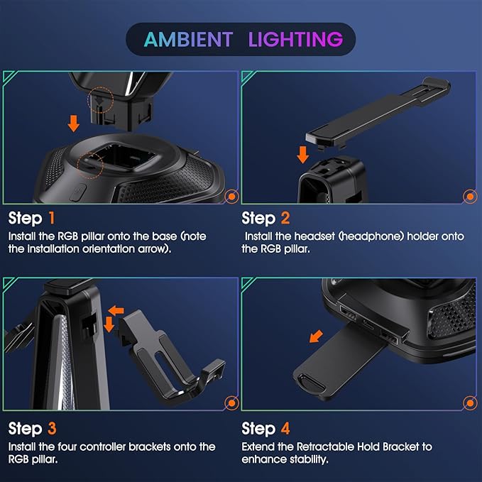 Gaming Headphones Stand with 12 Light Modes - Controller Holder for Desk, RGB Gaming Headset Stand with 2 USB Charging Ports - Supports Data Transfer, Earphone Hanger Accessories for Desktop Gamer