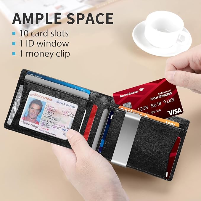 RUNBOX Slim Money Clip Wallets for Men RFID Blocking 11 Card Holder Minimalist Small Leather Bifold Men's Front Pocket Wallet Gift Box