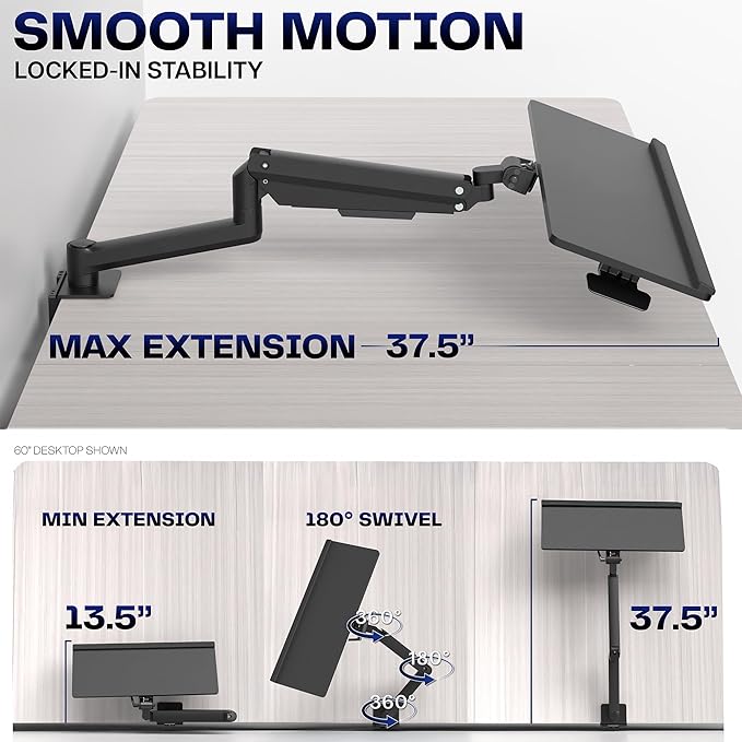 VIVO Sit-Stand 24 Inch Pneumatic Spring Keyboard and Mouse Tray Clamp-on Desk Mount, Counterbalance Height Adjustable Typing Platform, Ergonomic Tilt, Black, MOUNT-KB35CP
