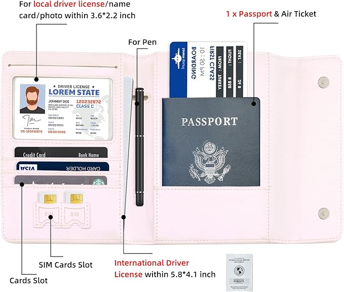 WALNEW RFID Passport Holder Travel Organizer, Fits International Driving Permit (IDP), PU Leather Document Holder for One Passport, Stylish Travel Accessory, Pink