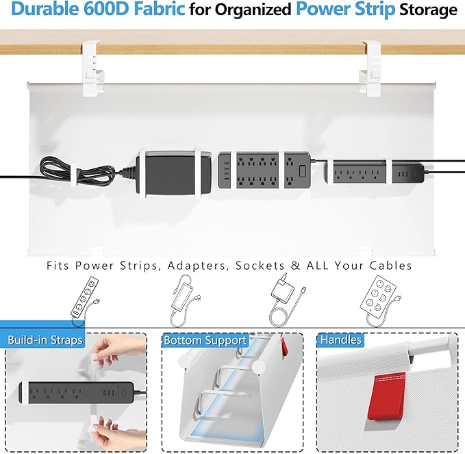 Litwaro Under Desk Cable Management Tray No Drill, 28.4" Cord Organizer with Clamp for Standing Desk, Premium Fabric Cable Tray with Wire Management for Office Home, White