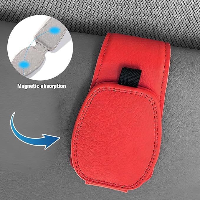 Sunglass Holder for Car Visor, Magnetic Leather Vehicle Sun Visor Storage Clip for Different Size Eyeglasses, Automotive Interior Glasses Ticket Card Clip, Universal for SUV RV Truck (Red)