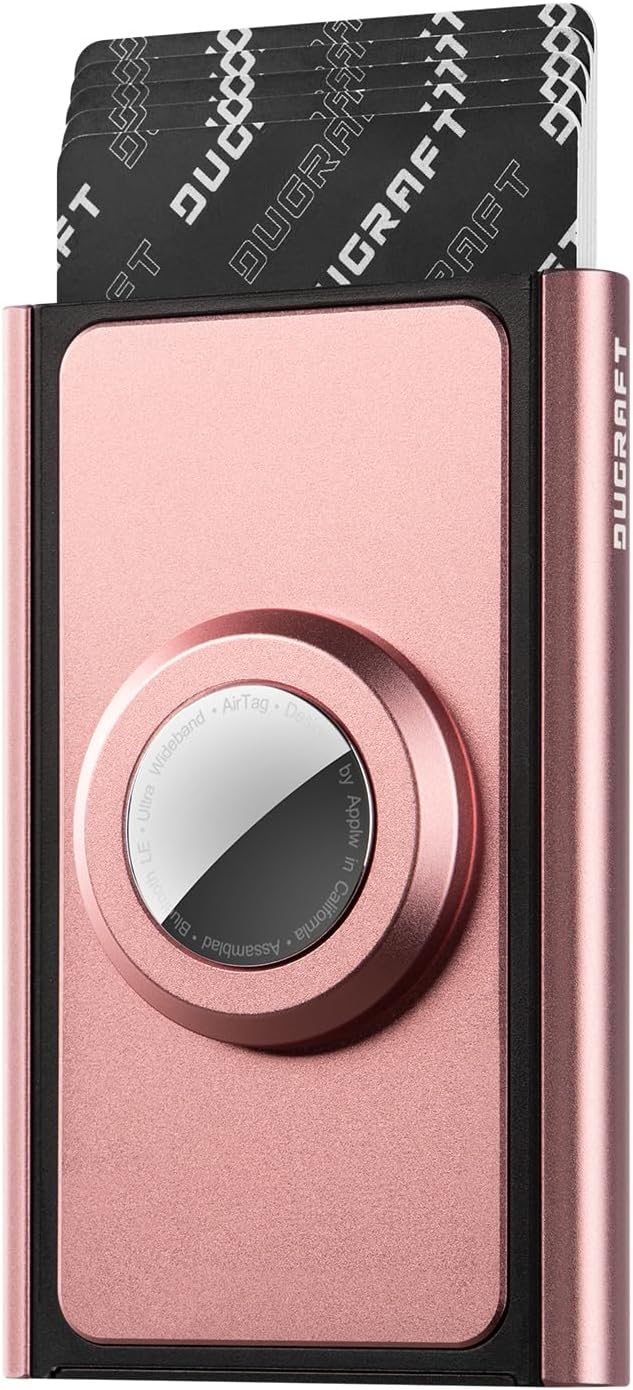 DUGRAFT Credit Card Holder Airtag Pop Up Wallet RFID Blocking Slim Metal Bank Card Case Holds 5-8 Cards, Rose Gold, Minimalist