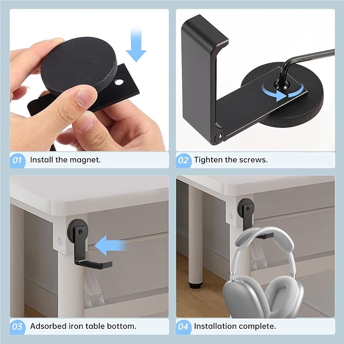 Magnetic Headphone Holder, Headphone Hanger for Desk & Table, 1PCS Aluminum Headset Hooks, Headphone Mount Stand with Rubber Pad, Compatible with All Computer/Gaming Headsets