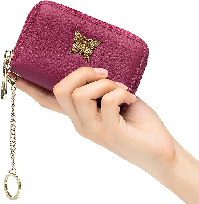 imeetu RFID Credit Card Holder for Women Genuine Leather Card Case Wallet with Zipper and Removable Keychain (Fuchsia)