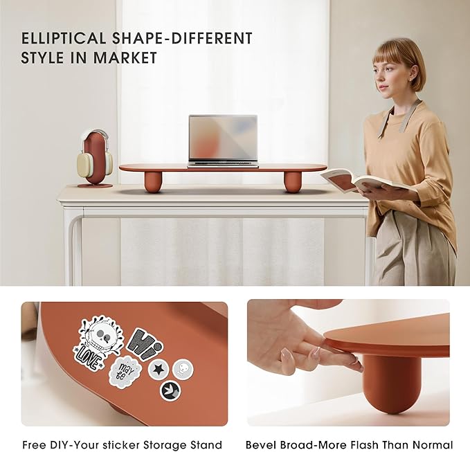 Fenge Monitor Riser, 34 Inch Dual Monitor Stand for Large Monitors, Desk Organizer with Wooden Shelf & Solid Wood Legs, Computer Stand for Laptop, TV, PC, Printer, Red