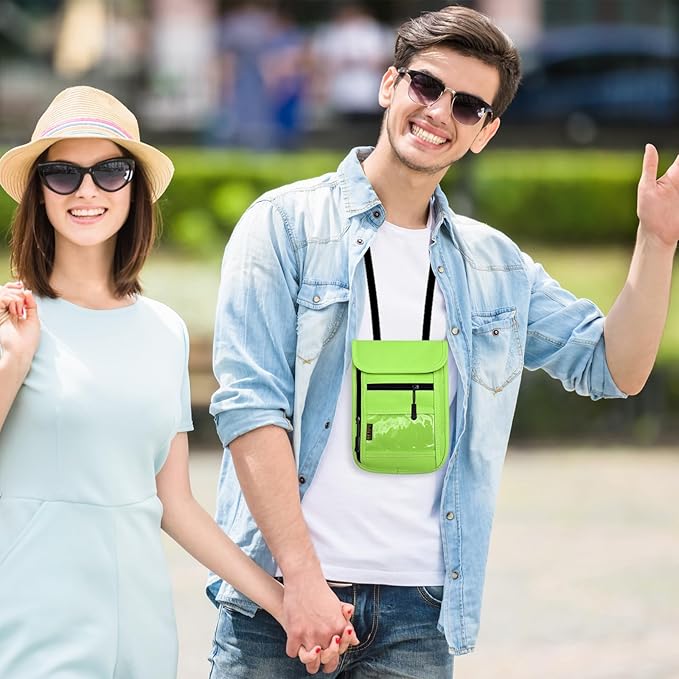 Travel Neck Wallet & RFID Blocking Sleeves for Men and Women, Neck Money Pouch Anti Theft Travel Document Organizer with Adjustable Strap - Green