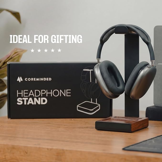 COREMINDED Universal Headphone Stand for Desk, Solid Wood Gaming Headset Stand, Heavy Duty Wooden Headphones Holder, Compatible with Airpods Max and More