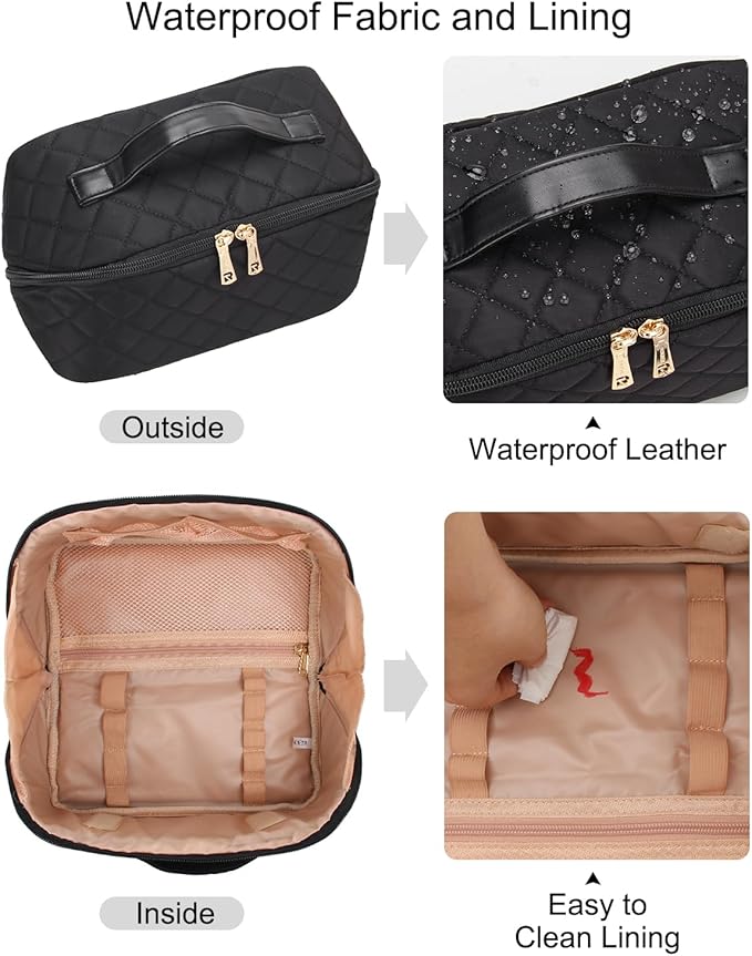 Relavel Travel Makeup Bag, Large Capacity Cosmetic Bag for Women, Waterproof Portable Makeup Pouch with Separate Makeup Brush Board, Wide Open Flat Toiletry Bag - Black