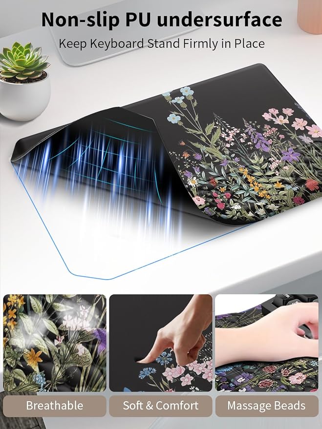 3-in-1 Ergonomic Keyboard Stand with Wrist Rest & Mouse Pad Set, Comfy Keyboard Riser Holder Soft Mousepad with Massage Design, Memory Foam and Non-Slip PU Base for Pain Relief, Flower