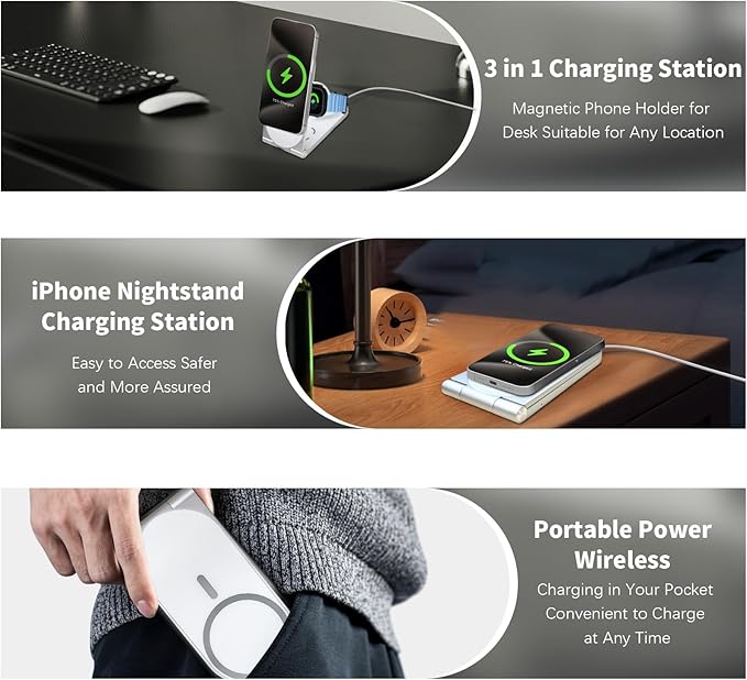 Wireless Charging Station, 3 in 1 Phone Charger Stand, Foldable MagSafe Charger for 17/16/15/14/13/12 Pros Plus, Watch Ultra, Airpods, Magnetic Travel Charging Station with 20w Adapter (White)