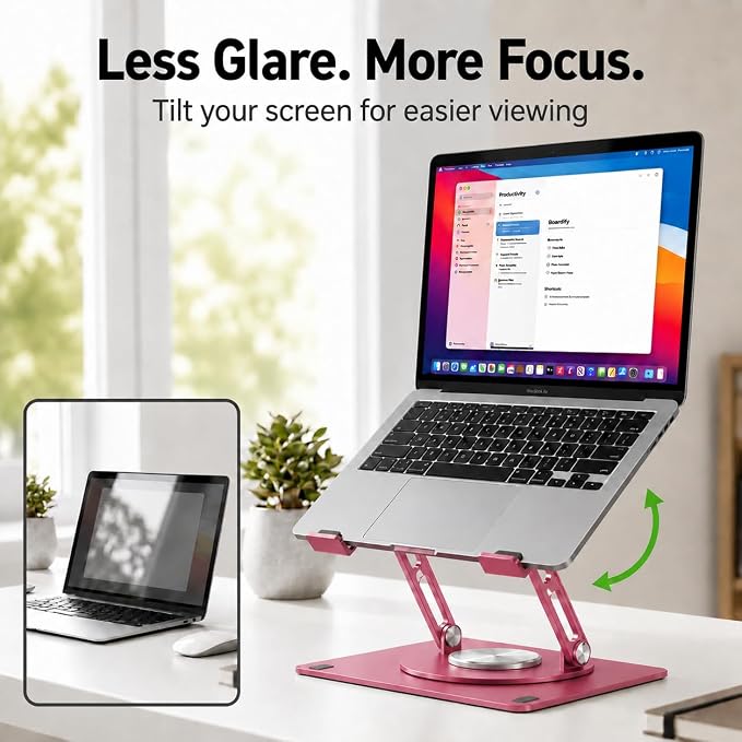 Uncaged Ergonomics Swivel Laptop Stand for Desk, Adjustable Computer iPad Stand for Desk w/ 360 Rotation, Portable Laptop Holder for Home Office Ergonomic Supplies (Brushed Pink)