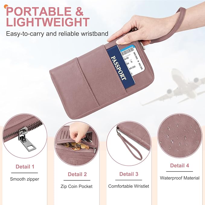 Family Passport Holder Wallet with Zipper, RFID Blocking Travel Document Organizer, PU Leather Passport Wallet for Women Men, Passport Cover Travel Wallet for Boarding Pass, ID, Money, Ticket