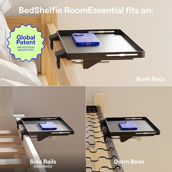 BedShelfie Bedside Shelf for Dorm Room Bunk Bed & Top Bunk, College Dorm Room Essentials, Bedside Caddy, Clip on Floating Tray, Bed Side Table Storage, Loft Nightstand Decor, Black
