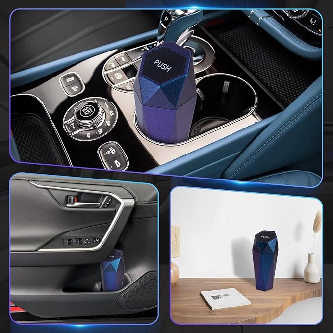 BFXM Car Trash Can, Car Trash Bin with Lid, Car Accessories for Women Interior, Car Garbage Can with Additional 2 ABS Hooks and 60pcs Trash Bags, Suitable for Home, Office, Car Organizer, Blue Purple