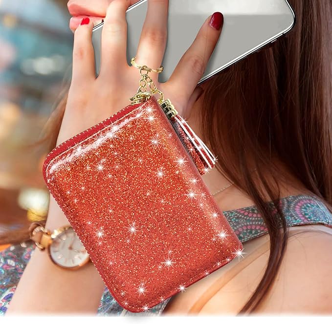 Coco Rossi Women's Small Credit Card Wallet RFID Cute Glitter Card Holder for Women, Red