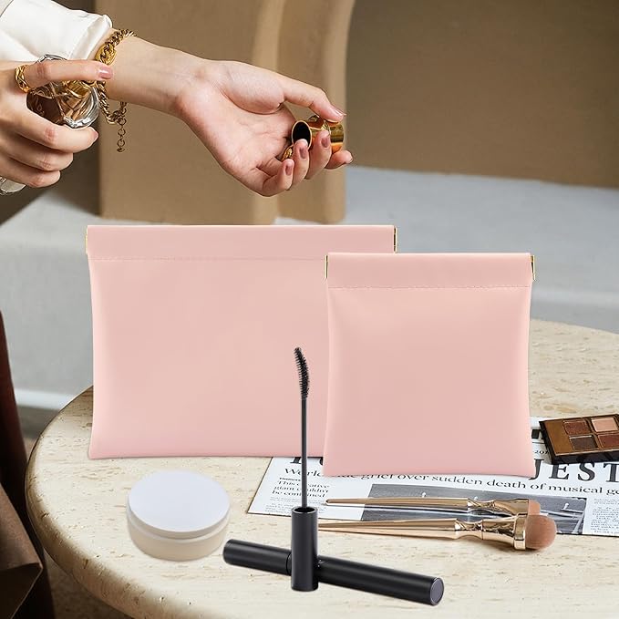 2 PCS Ladies Small Makeup Bag for Purse,Small Makeup Pouch,Purse organizer,Coin purse lipstick Cosmetic Accessories Organizer,Travel Set Organizer,Waterproof Portable Zipperless Self-Sealing (Pink)