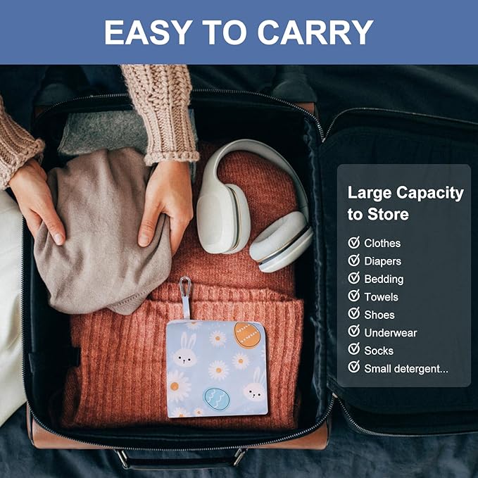 2 Pack Travel Laundry Bag with Handle and Drawstring, Expandable Foldable Dirty Clothes Bags with Hook and Zipper, 23*20 inch, Cartoon 3 White + Blue