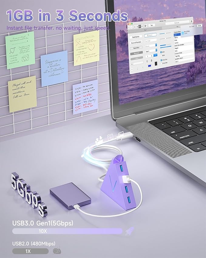 USB C Hub, USB Type C to 4-Port USB 3.0 Adapter for MacBook, Surface, Laptop, Flash Drive, Mouse, Keyboard, HDD (2ft, Light Purple)
