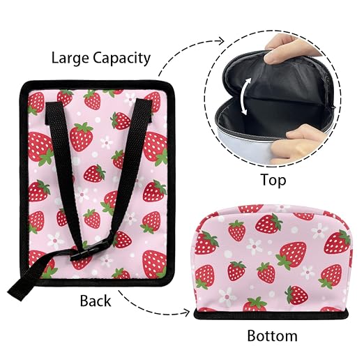 Pink Strawberry Car Trash Can with Lid - Collapsible Waterproof Garage Bag, Reusable Hanging Cute Automotive Garbage Bin, Adjustable Strap, Interior Organizer