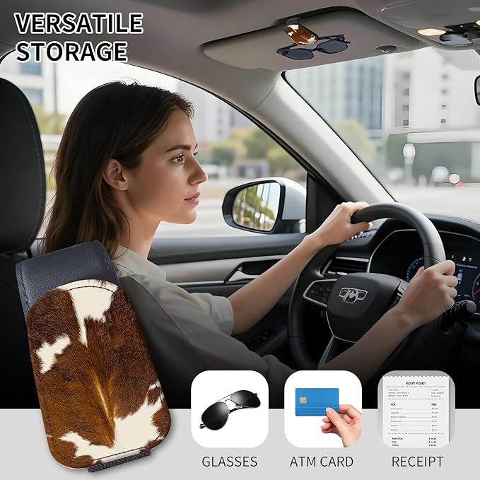 Sunglasses Holder for Car Visor, PU Leather Glasses Clip Organizer, Cute Magnetic Eyeglass Holder for Vehicle Sun Visor, Car Interior Accessory for Women & Men Brown Cow Hide