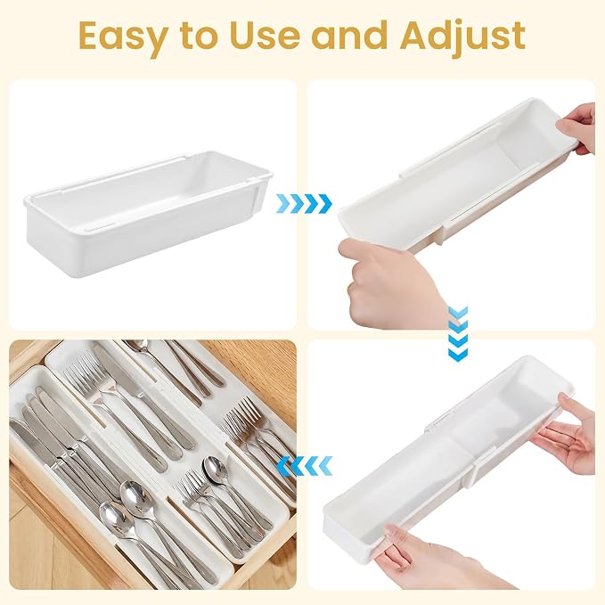 Drawer Organizers Set | 4-Pack Expandable Drawer Dividers for Bedroom, Bathroom, Kitchen & Office | Plastic Drawer Trays with Adjustable Length (White)