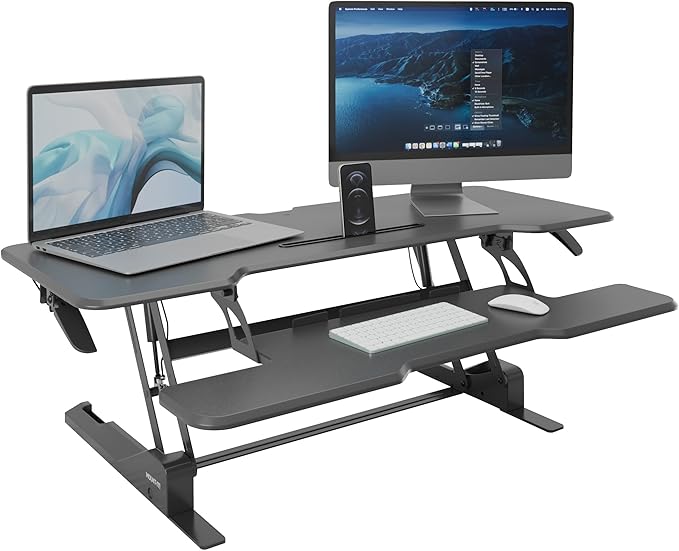 Mount-It! 47" Standing Desk Converter, XL Desktop Sit-Stand Desk Riser with Gas Spring Height Adjustment, Wide Desk Topper for Dual Monitors or Monitor & Laptop, Keyboard Tray, Black
