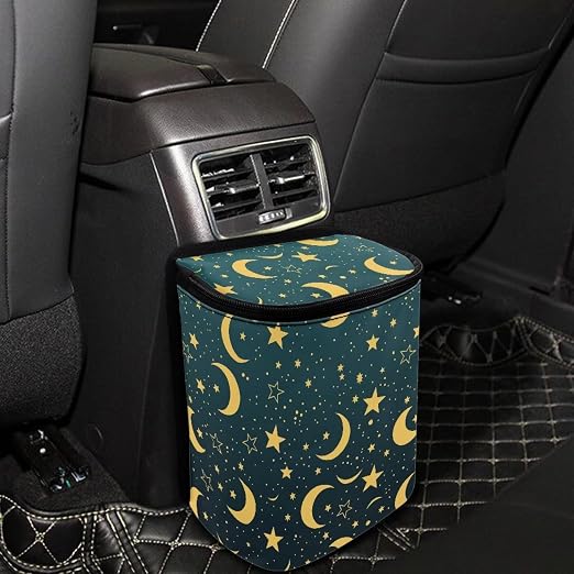 Car Trash Can with Lid Storage Pockets for Disposable Garbage Bag, Multipurpose Collapsible Car Organizer, Moon Star Print