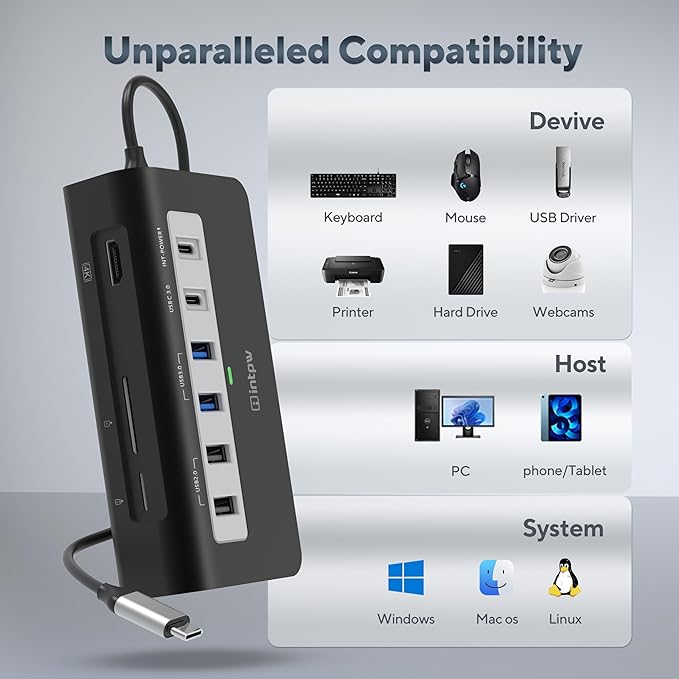 P9 USB C Hub, INTPW 9-in-1 USB Multiport Adapter with 4K HDMI, PD 100W, USB-C and 2 USB A 3.0 5Gbps, 2 USB A 2.0, SD/TF Card Reader, Aluminum Powered USB Hub for PC, iPhone 16/15 Series, MacBook, iPad