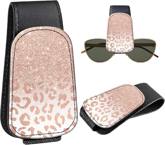 Leather Magnetic Sunglass Holder for Car Sun Visor, Cute Eyeglass Ticket Card Hanger Clip, Universal Auto Interior Accessories for SUV Pickup Truck, Ombre Leopard