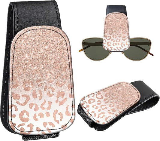 Leather Magnetic Sunglass Holder for Car Sun Visor, Cute Eyeglass Ticket Card Hanger Clip, Universal Auto Interior Accessories for SUV Pickup Truck, Ombre Leopard