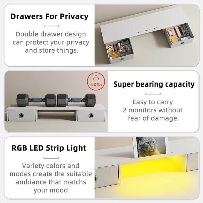 YAOHUOO Dual Monitor Stand with LED Light 2 Drawers, Computer Monitor Riser for 2 Monitors, Large Desktop Organzier with Storage for PC/Laptop/Computer/TV Screen/Printer