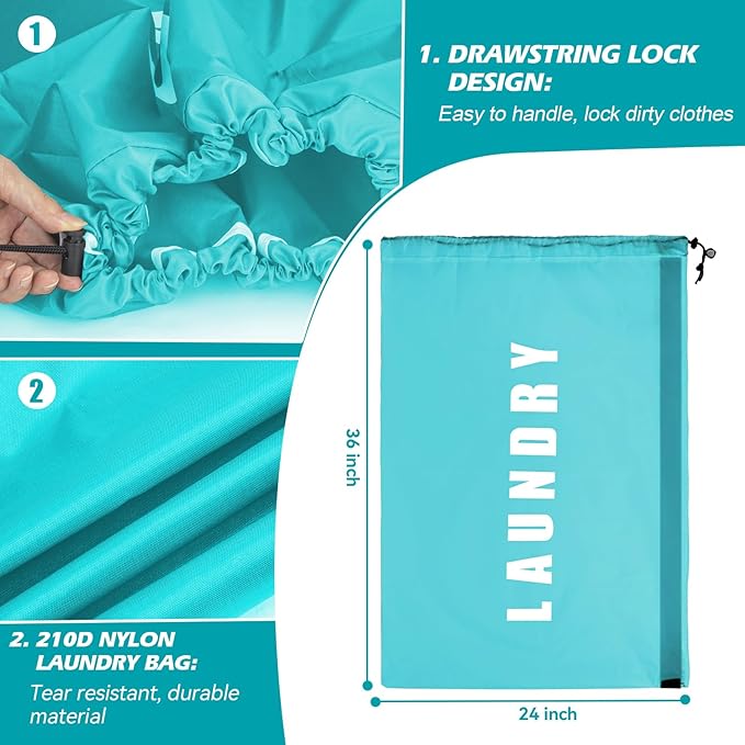 Isink Heavy Duty Laundry Bag with Strap,2 Pack Travel Laundry Bags for Dirty Clothes,24" x 36" Large Laundry Bag for Traveling,Camping,Dorm (Cyan + Gray)