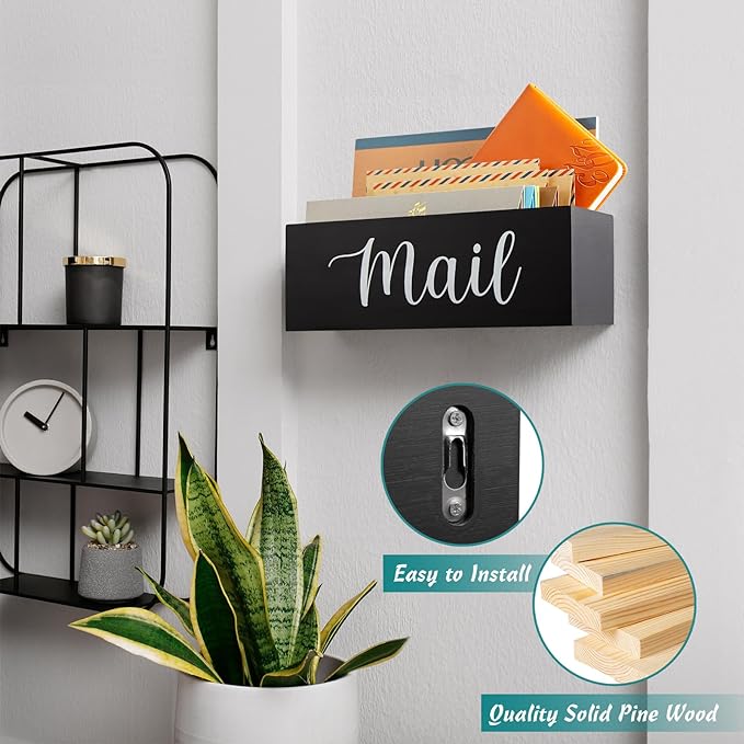 DRASTAR Mail Organizer, Mail Holder with 2 Slots, Mail Basket for Wall Table Countertop, Wood Desk Mail Organizer, Black Envelope Holder for Home Office Decor