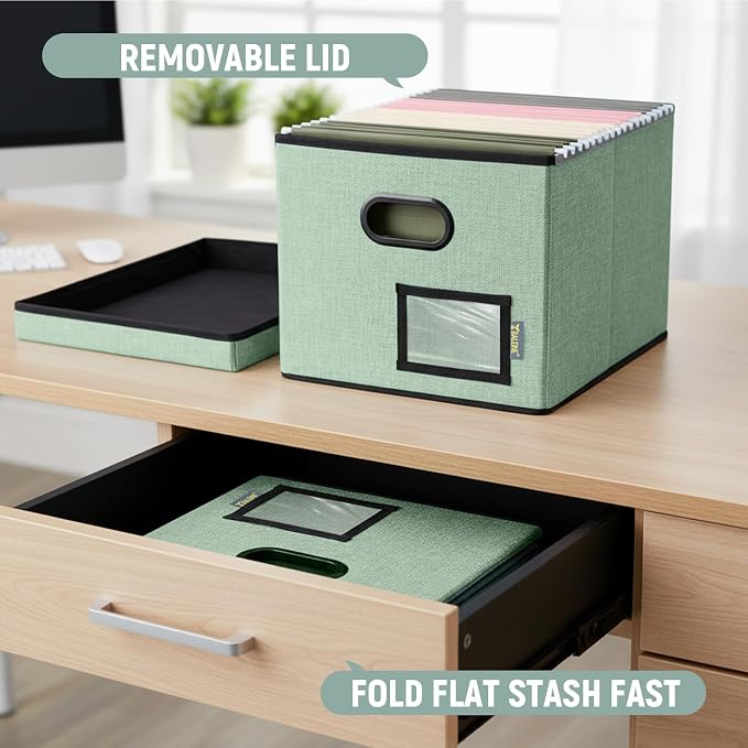 BALEINE File Organizer Box with Lid, Collapsible File Folder Organizer with Plastic Slide, Filing Box for Office Home Document Organizer Storage (Green, 4PK)