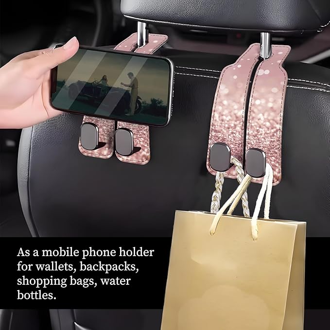 Car Seat Headrest Hook, Universal Leather Cute Hanger Holder Hook, Storage Organizer Interior Accessories for Purse Bags Handbag Glitter Pink Pattern