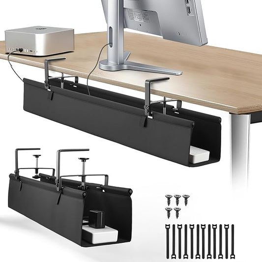 Oxford Cloth Under Desk Cable Management Tray,No-Drill 48" Desk Cable Management Organizer with Clip/Screw Installation,Holds Up to 70 lbs,Fabric Cable Management for Home,Office & Gaming Computer