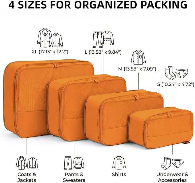 4 Piece Compression Packing Cubes for 3–7 Day Travel, Space Saving Travel Organizers with Breathable Mesh, Double-Zipper Packing Cubes for Carry-On & Suitcases (Orange)
