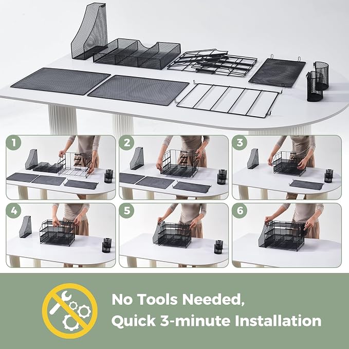 Desk Organizers and Accessories, 4 Tier Paper Letter Tray Organizer Holder Desk Organization with Drawer, Mesh Desktop Organizer with Vertical File Holder Workspace Accessories for Office Supplies