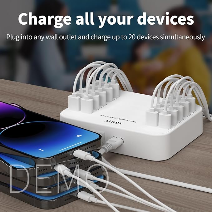 USB Charger Station 20 Ports, 180W Desktop Multi Port Charging Hub,20 Ports USB Charger for Multi Devices Compatible with iPhone/Huawei/LG/Google Pixel/Tablet/Other Devices