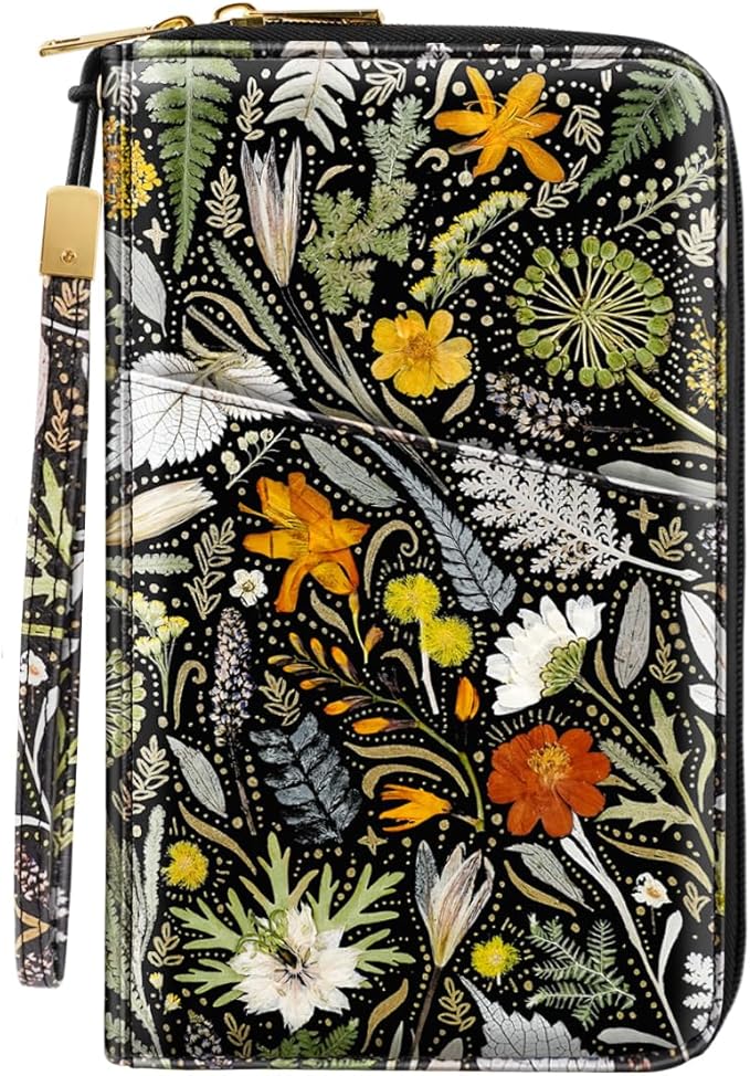 Family Passport Holder Wallet RFID Blocking Document Organizer PU Leather Mulit-purpose Travel Wallet Credit Cards Case for Women Men, Dried Flowers