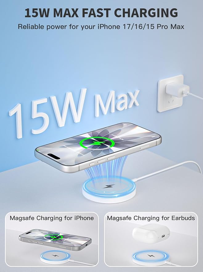 iPhone Wireless Charger,15W Fast Apple Mag-Safe Charger Magnetic Charging Pad iPhone Mag Safe Charging for iPhone 17Pro Max/16 Pro Max/16Pro/16/iPhone 15Pro Max/15 Plus/14/13/12/AirPods 3/2/Pro/Pro 2
