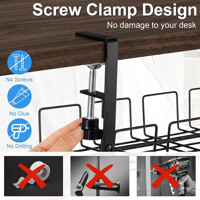 2 PCS Under Desk Cable Management Tray, L 15.7'' W 5.1'' No Drill Steel Desk Cable Organizers, Wire Management Tray