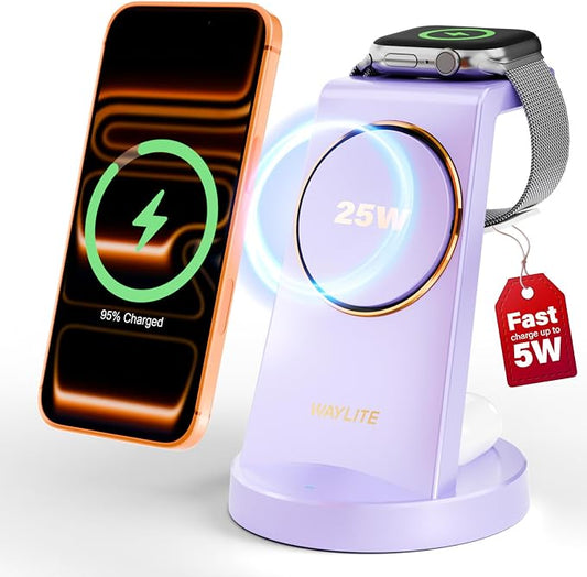 3 in 1 Fast Charging Station for iPhone, 25W Wireless Magnetic Phone Charger for iPhone 17 16e 16 15 14 13 12 Serise, Watch Charger Stand, Wireless Charging Station for AirPods 4 3 Pro, Purple