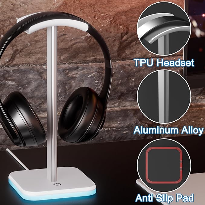 Headphone Stand for Desk - Headset Stand with Aluminum Hanger, Headphone Holder for AirPods Max, Sony, Bose, Beats and More (RGB-White)